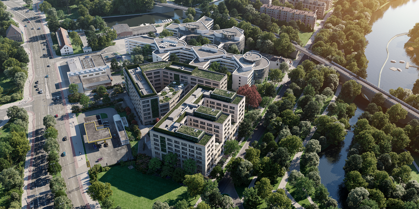 Vogelperspektive auf die Gebäude von FLOW